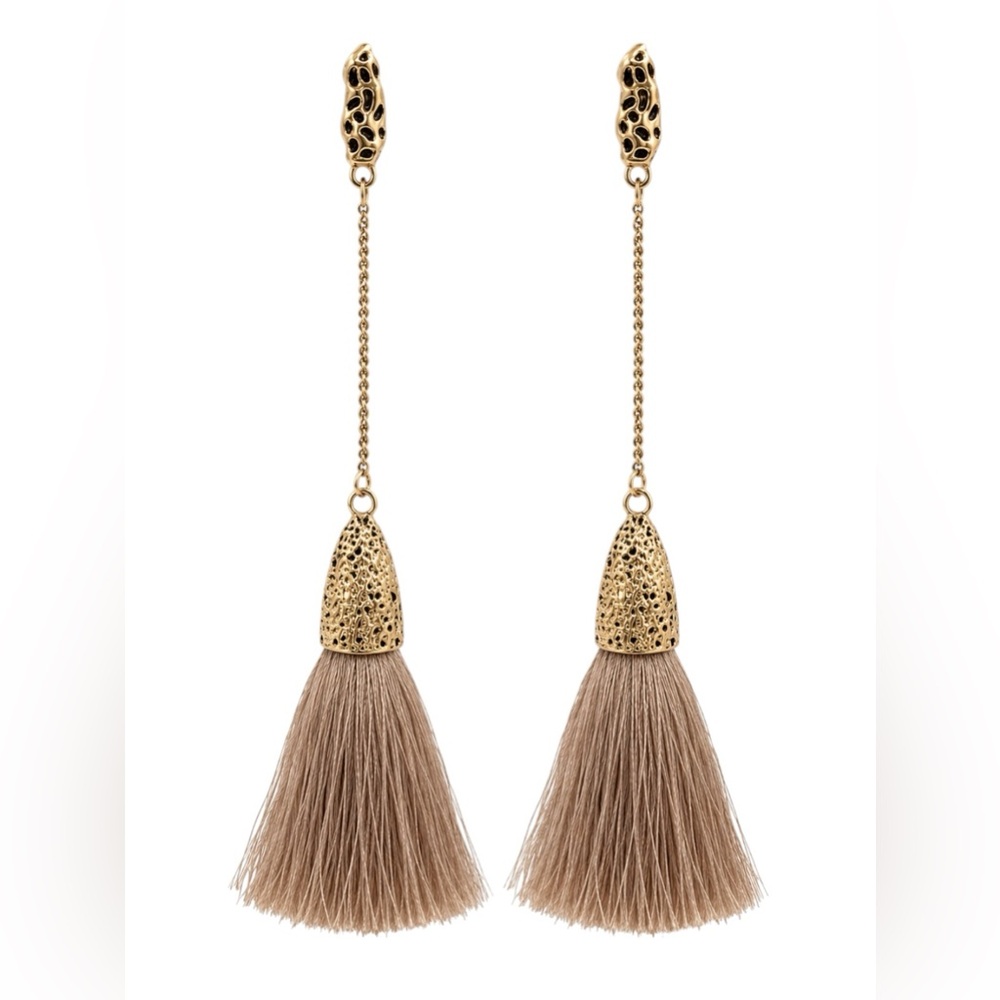 Gold and Taupe Tassel Drop Earrings - Women Jewelry